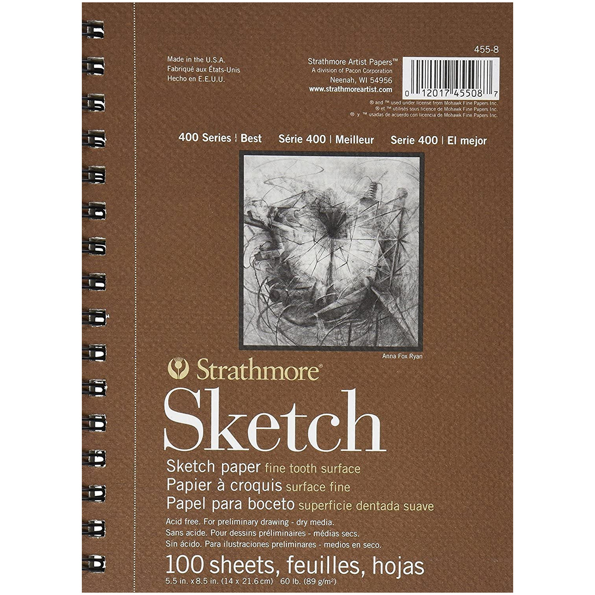 Strathmore 455-3, 400 Series Sketch Pad, 9x12 Wire Bound, 100 Sheets,  White 9x12 White 100 Sheets