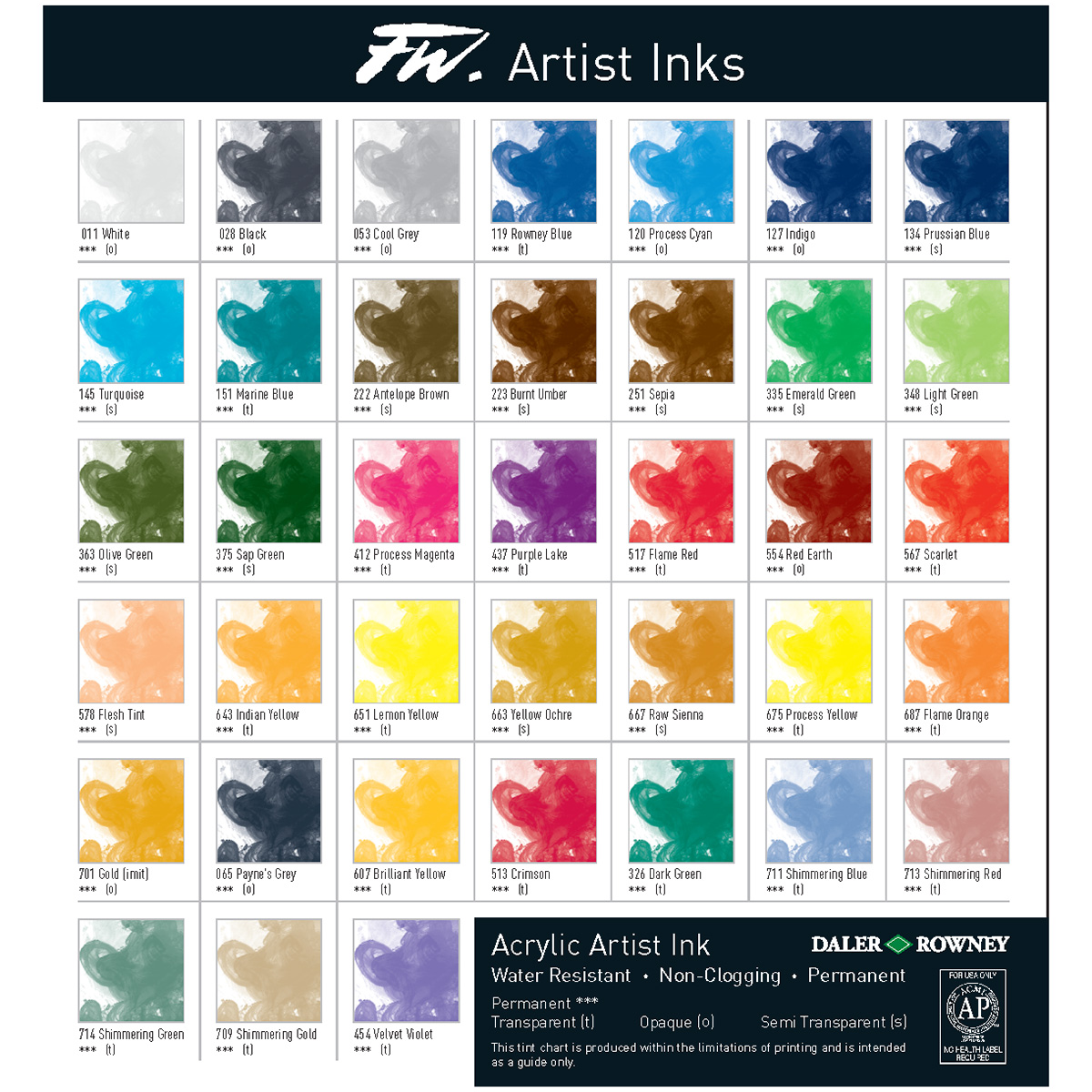 Colour Chart for Daler Rowney FW Artist Acrylic Ink